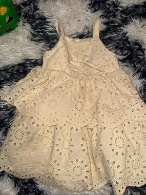 Blueberi Boulevard Cream Eyelet Tiered Dress with Bow Accent